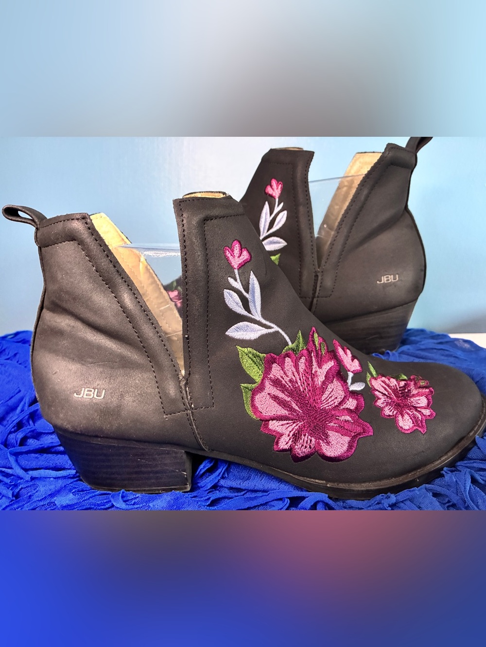 Jambu Black Ankle Boots with Pink Floral Embroidery